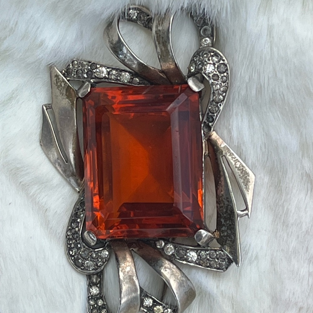 Vintage 1940’s  Boucher sterling silver brooch with huge smoked topaz stone.